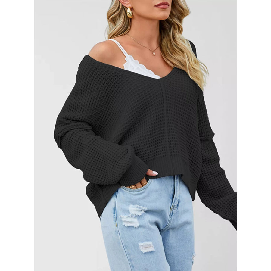 Waffle Knit Dropped Shoulder Sweater Apparel and Accessories