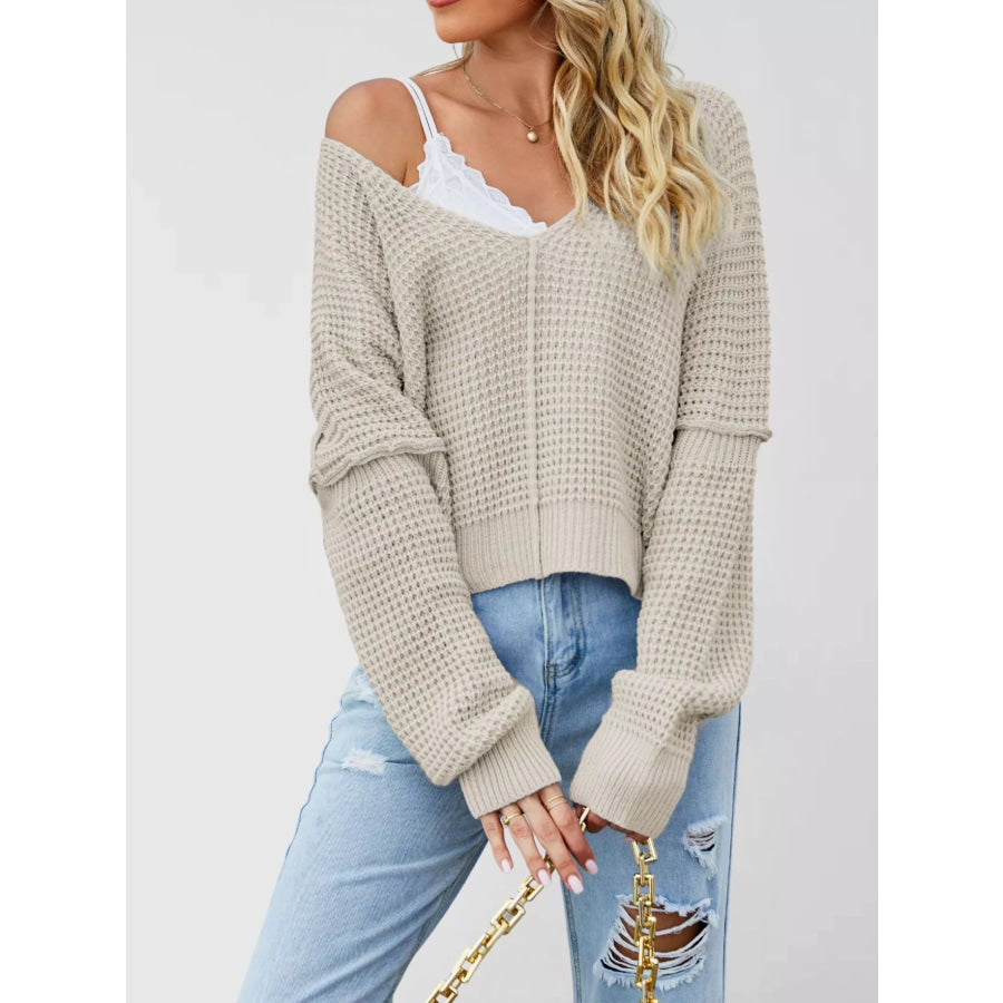 Waffle Knit Dropped Shoulder Sweater Apricot / S Apparel and Accessories