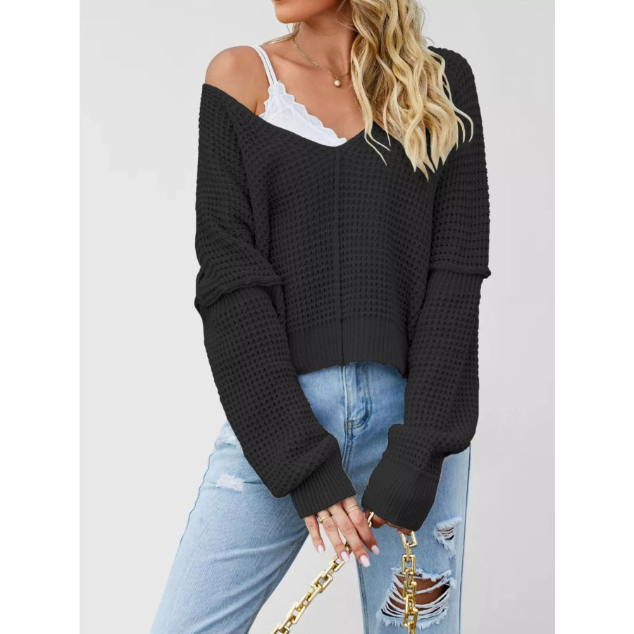 Waffle Knit Dropped Shoulder Sweater Black / S Apparel and Accessories