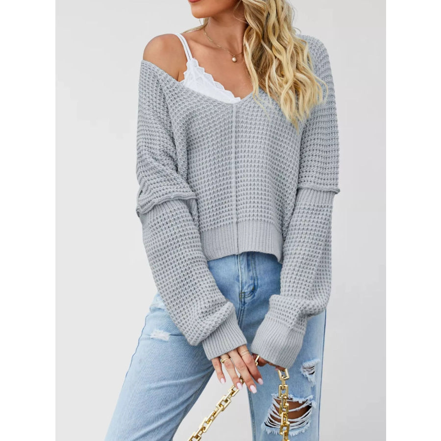 Waffle Knit Dropped Shoulder Sweater Gray / S Apparel and Accessories