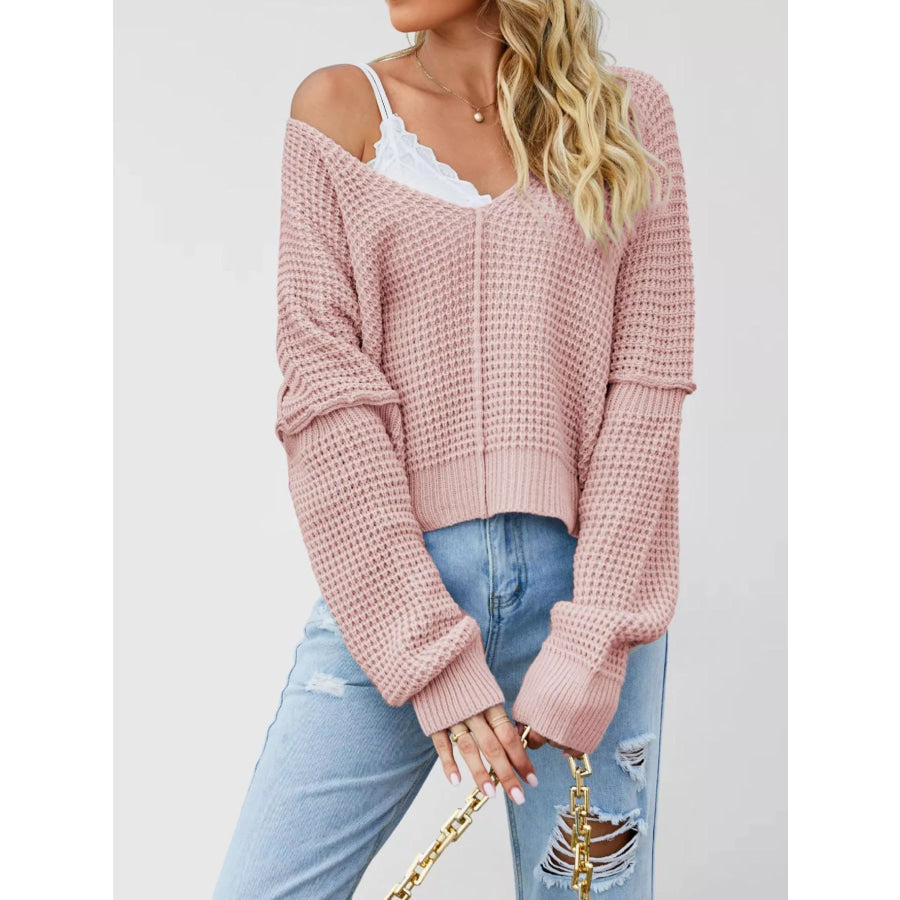 Waffle Knit Dropped Shoulder Sweater Pink / S Apparel and Accessories