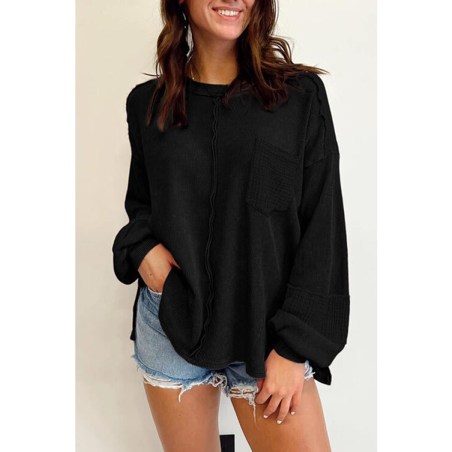 Waffle-Knit Exposed Seam Lantern Sleeve Blouse Black / S Clothing