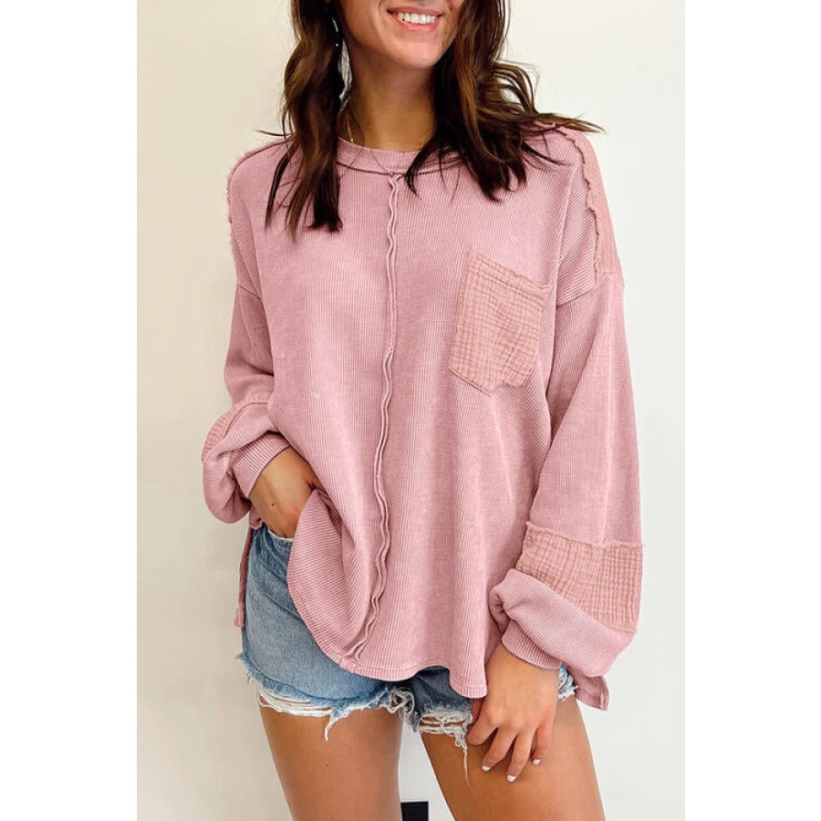 Waffle-Knit Exposed Seam Lantern Sleeve Blouse Blush Pink / S Clothing