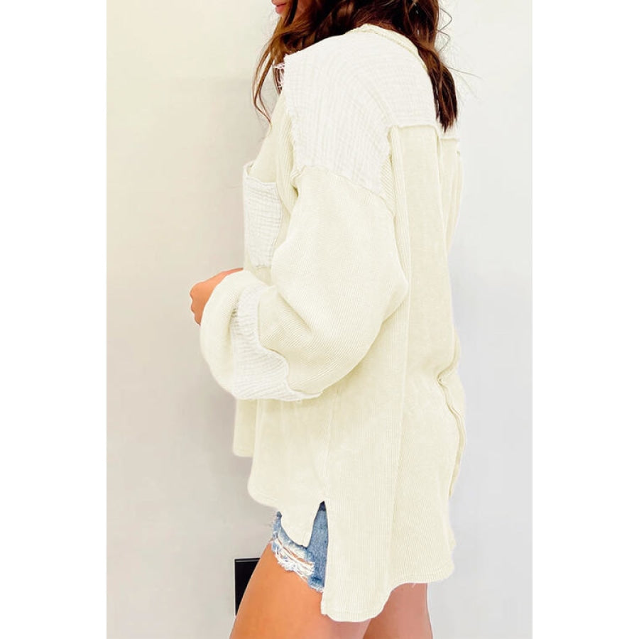 Waffle-Knit Exposed Seam Lantern Sleeve Blouse Clothing