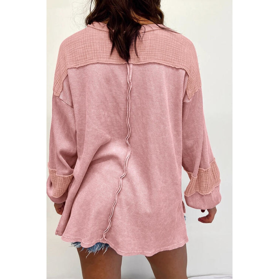 Waffle-Knit Exposed Seam Lantern Sleeve Blouse Blush Pink / S Clothing