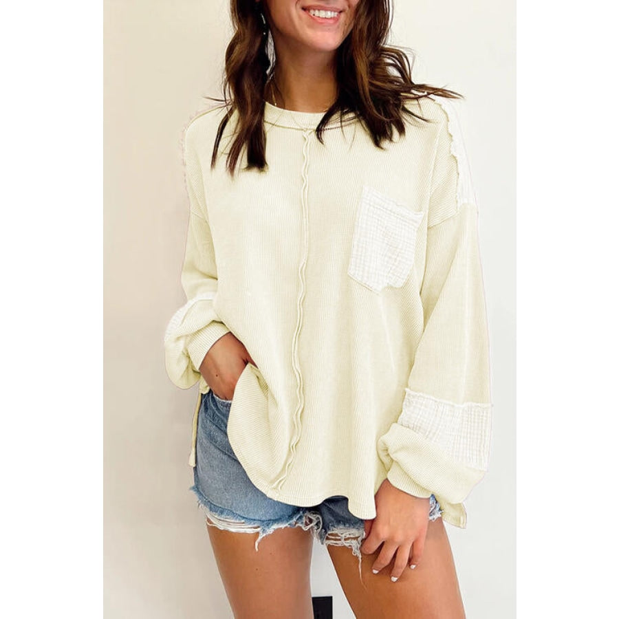 Waffle-Knit Exposed Seam Lantern Sleeve Blouse Ivory / S Clothing