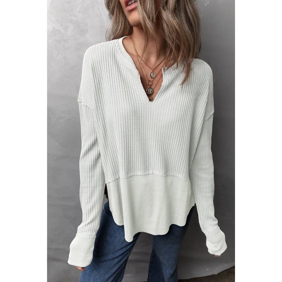 Waffle-Knit Exposed Seam Notched Long Sleeve Top Apparel and Accessories