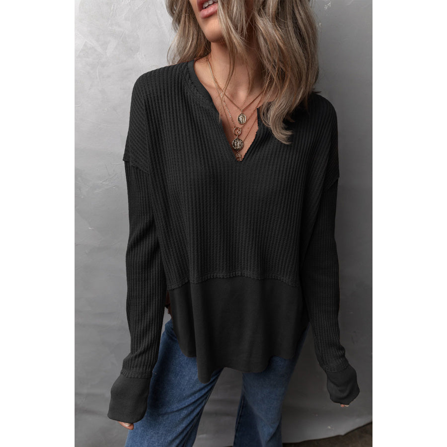 Waffle-Knit Exposed Seam Notched Long Sleeve Top Apparel and Accessories