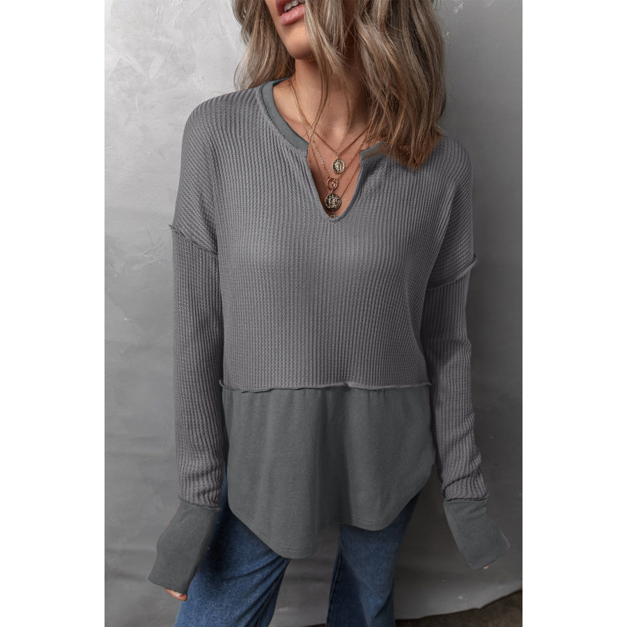 Waffle-Knit Exposed Seam Notched Long Sleeve Top Apparel and Accessories