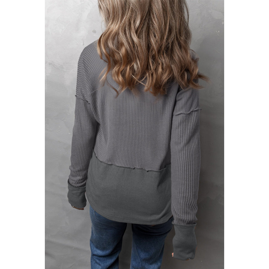 Waffle-Knit Exposed Seam Notched Long Sleeve Top Apparel and Accessories