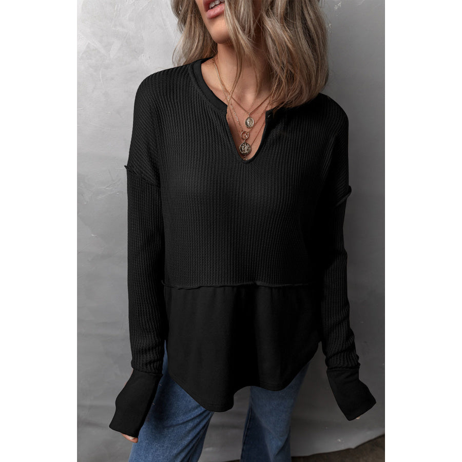 Waffle-Knit Exposed Seam Notched Long Sleeve Top Black / S Apparel and Accessories