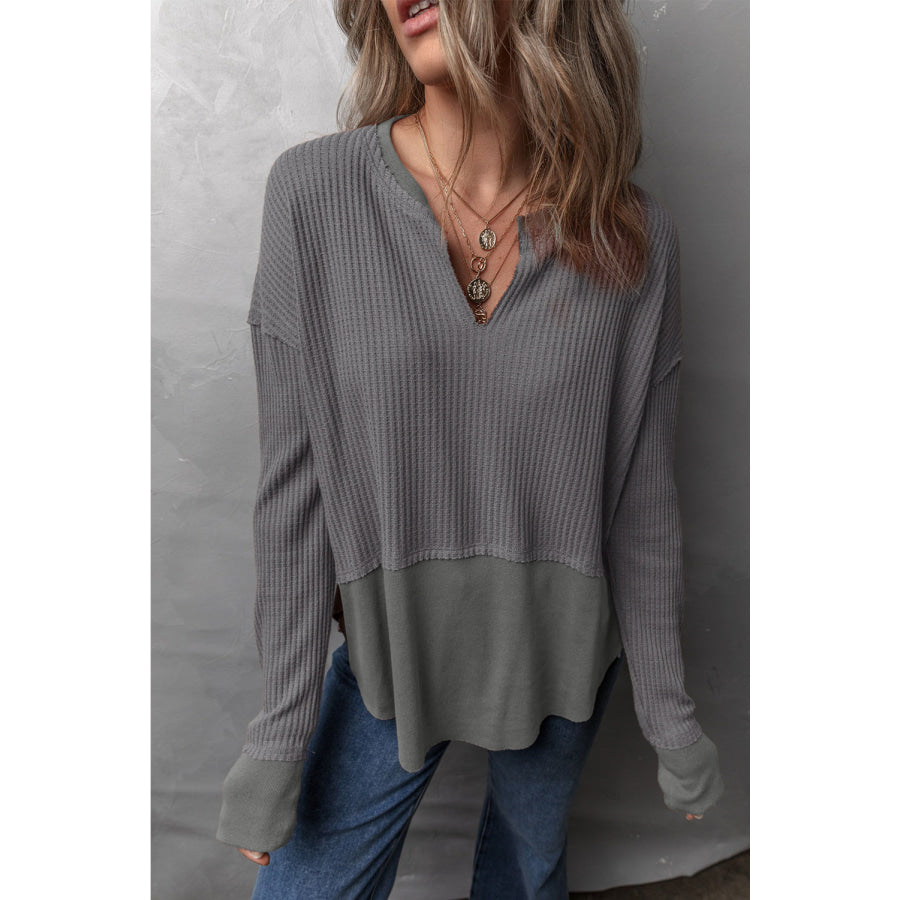 Waffle-Knit Exposed Seam Notched Long Sleeve Top Dark Gray / S Apparel and Accessories