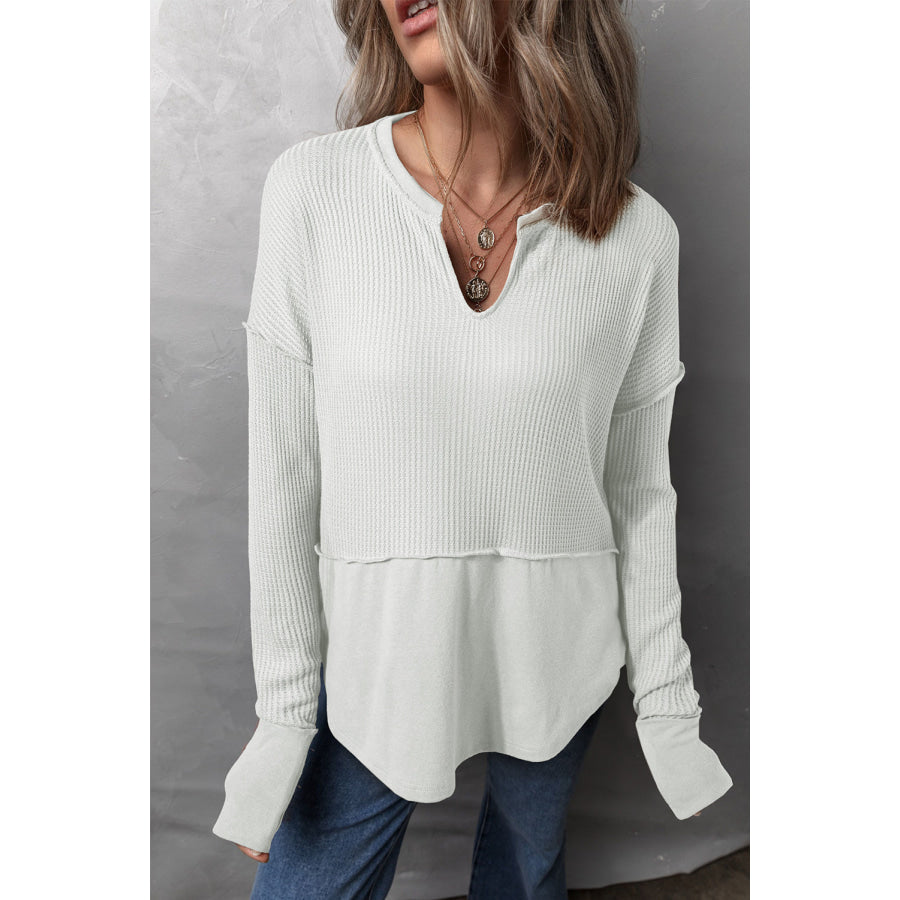 Waffle-Knit Exposed Seam Notched Long Sleeve Top White / S Apparel and Accessories