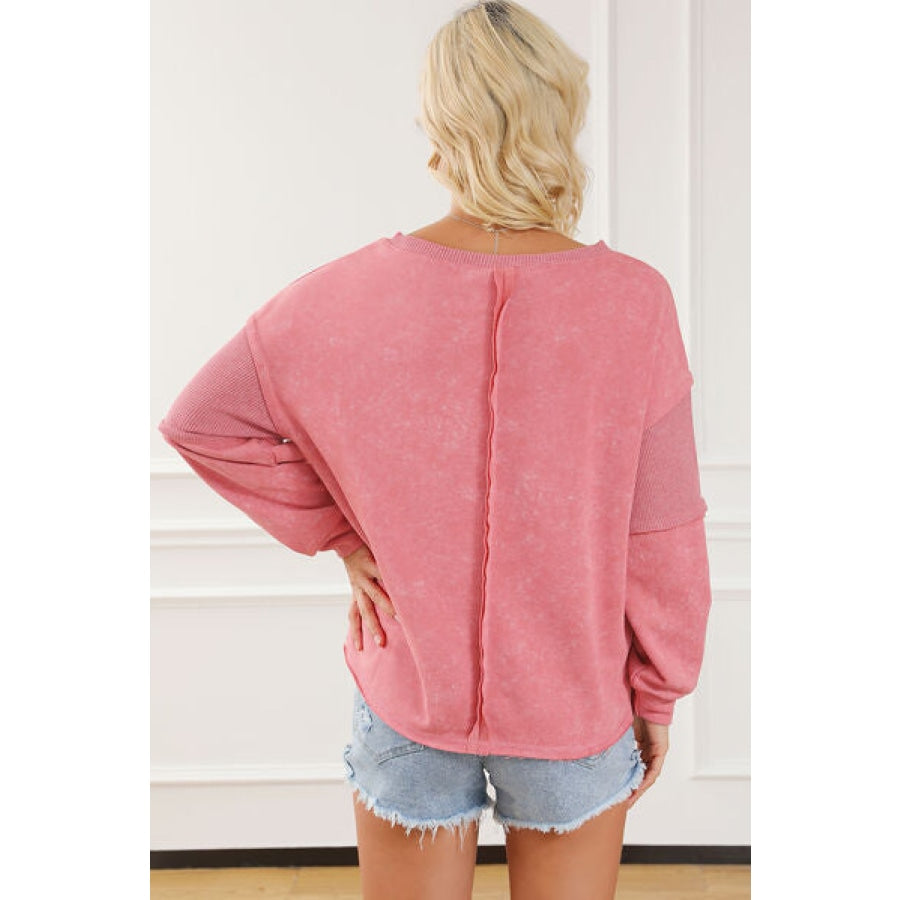 Waffle-Knit Exposed Seam Round Neck Sweatshirt Clothing