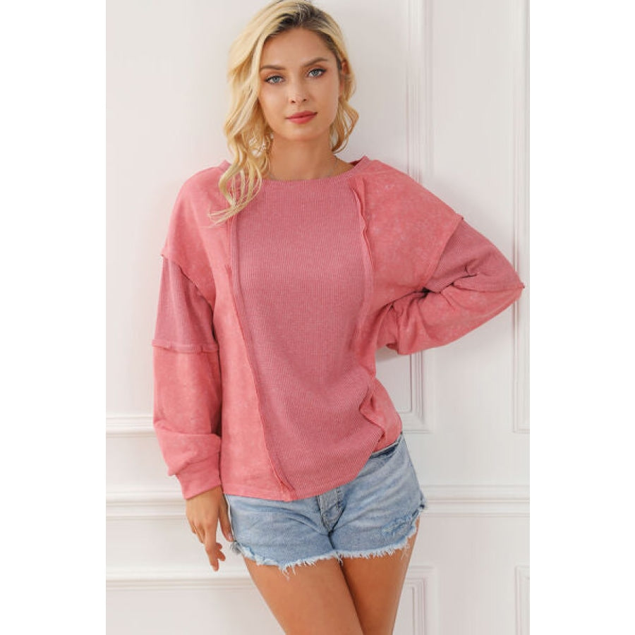 Waffle-Knit Exposed Seam Round Neck Sweatshirt Clothing