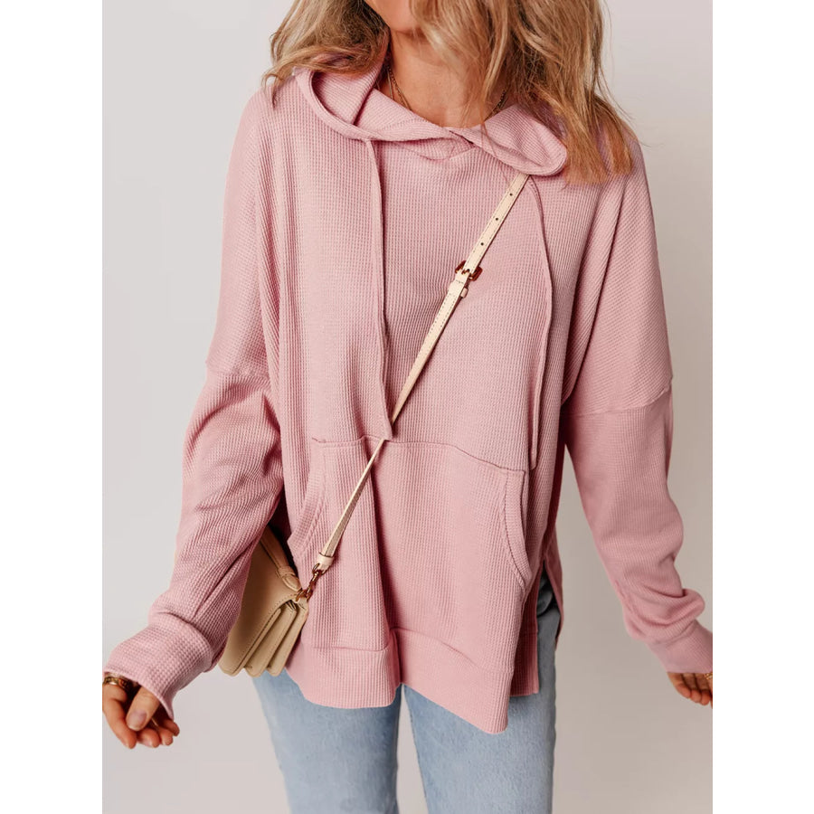 Waffle Knit Fleece Lined High Low Oversized Hoodie Apparel and Accessories