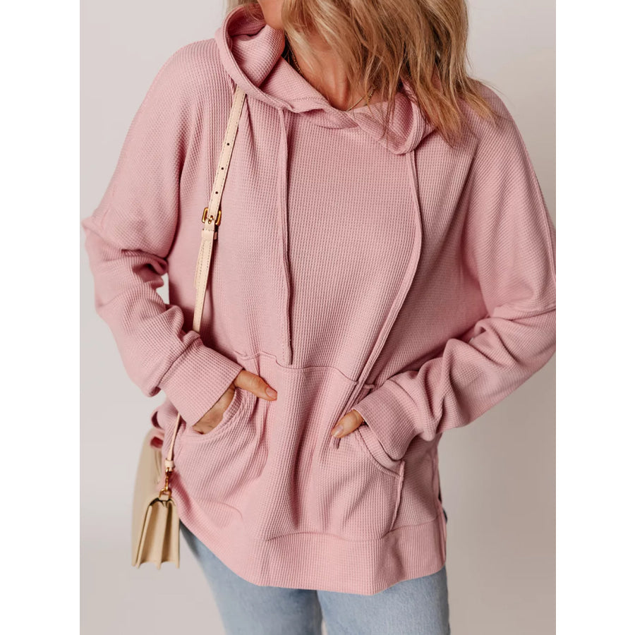 Waffle Knit Fleece Lined High Low Oversized Hoodie Watermelon pink / S Apparel and Accessories