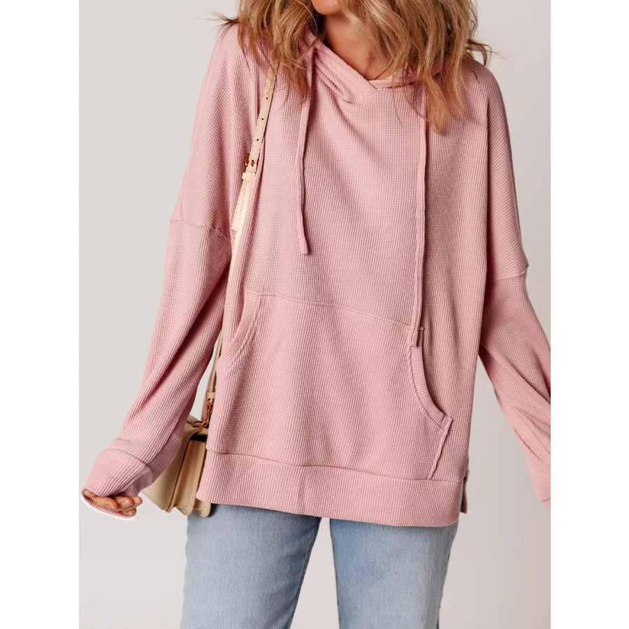 Waffle Knit Fleece Lined High Low Oversized Hoodie Watermelon pink / S Apparel and Accessories