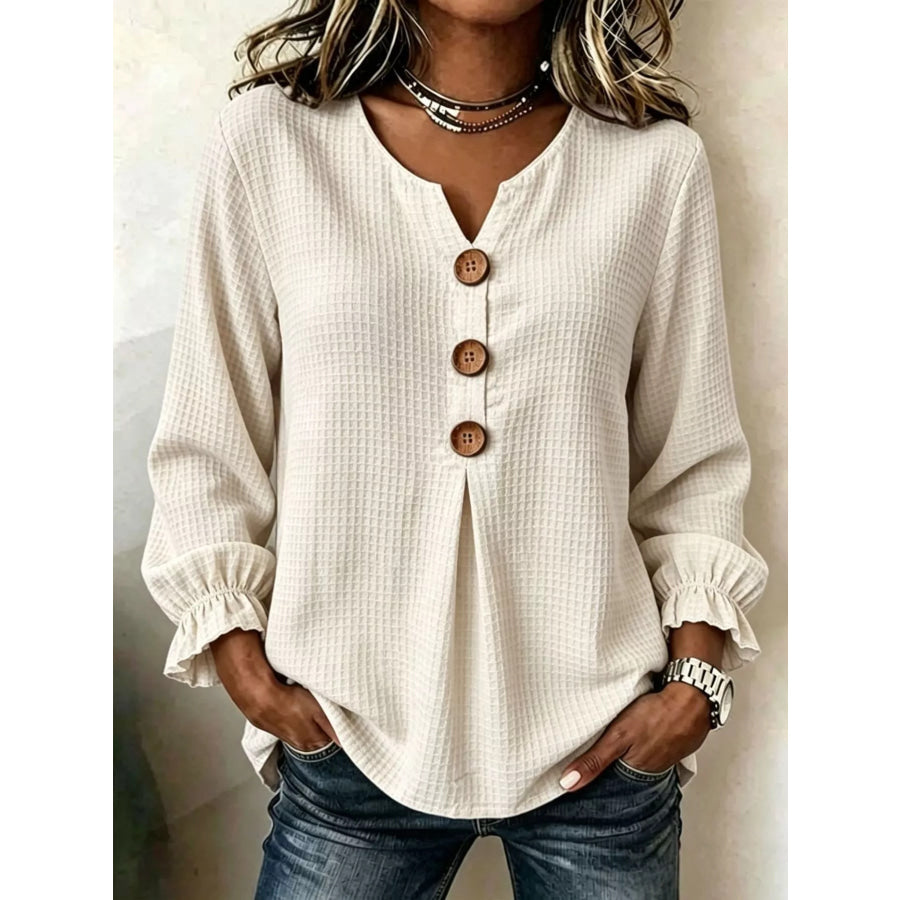 Waffle Knit Flounce Sleeve Top Apricot Color / S Apparel and Accessories