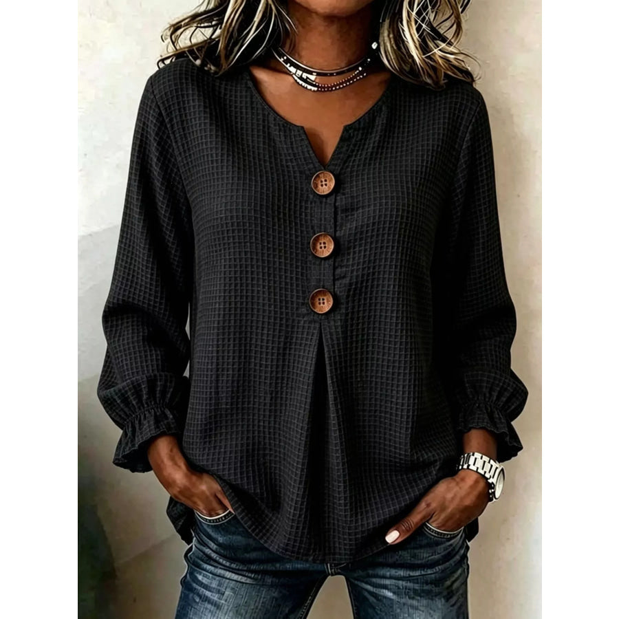 Waffle Knit Flounce Sleeve Top Black / S Apparel and Accessories