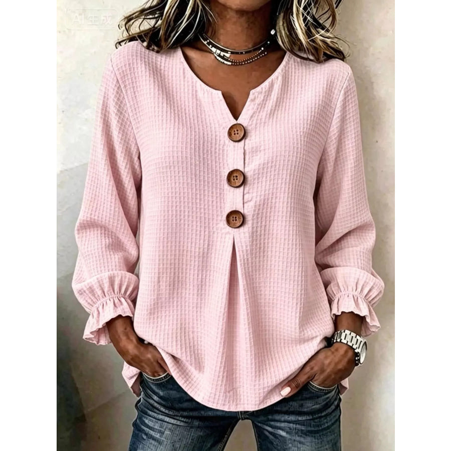 Waffle Knit Flounce Sleeve Top Pink / S Apparel and Accessories