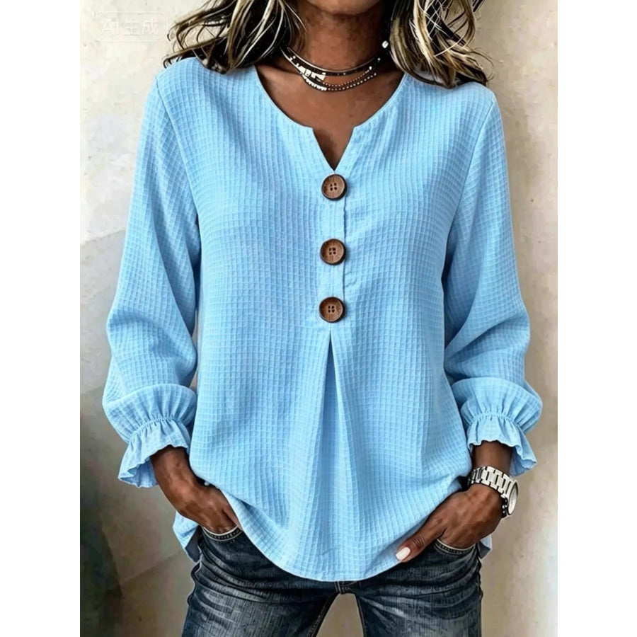 Waffle Knit Flounce Sleeve Top Sky Blue / S Apparel and Accessories
