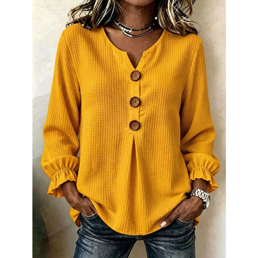 Waffle Knit Flounce Sleeve Top Yellow / S Apparel and Accessories
