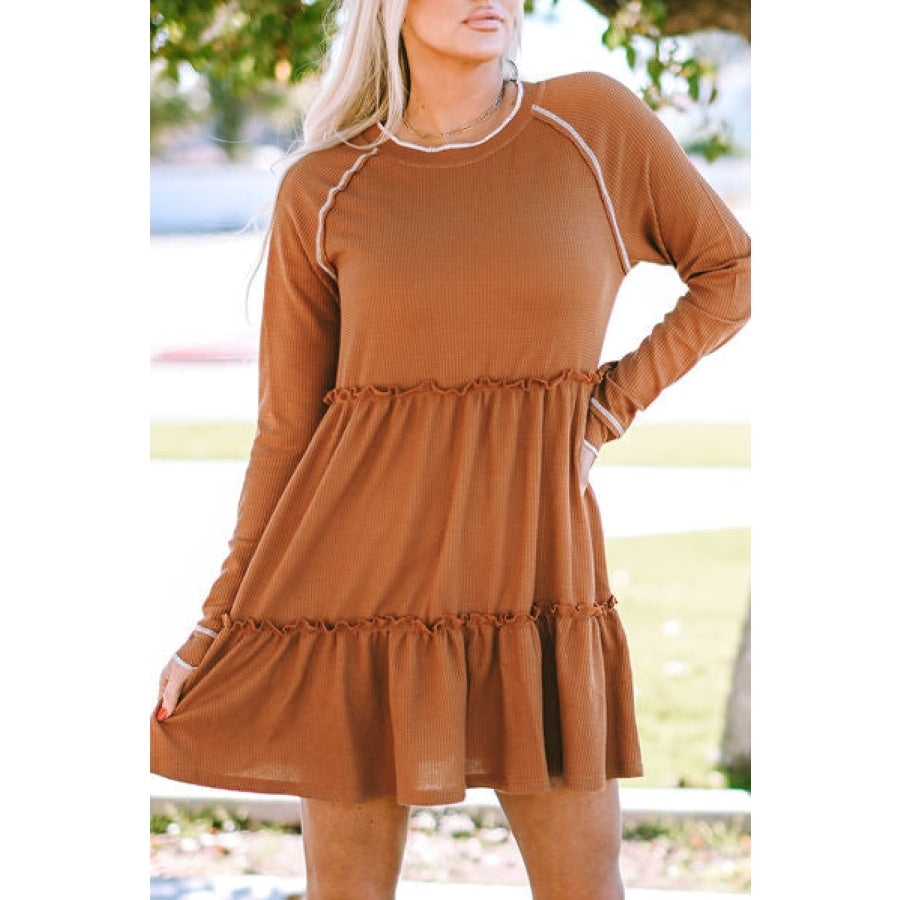 Waffle-Knit Frill Mini Tiered Dress Caramel / S Clothing