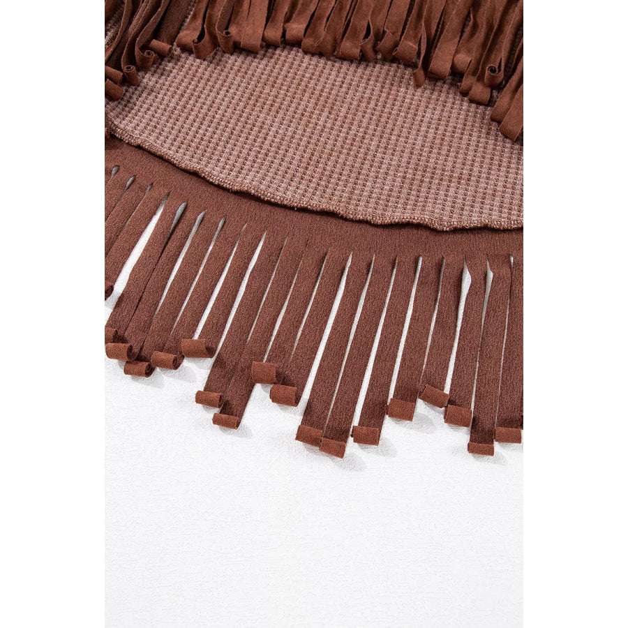 Waffle Knit Fringed High Low Loose Top Apparel and Accessories