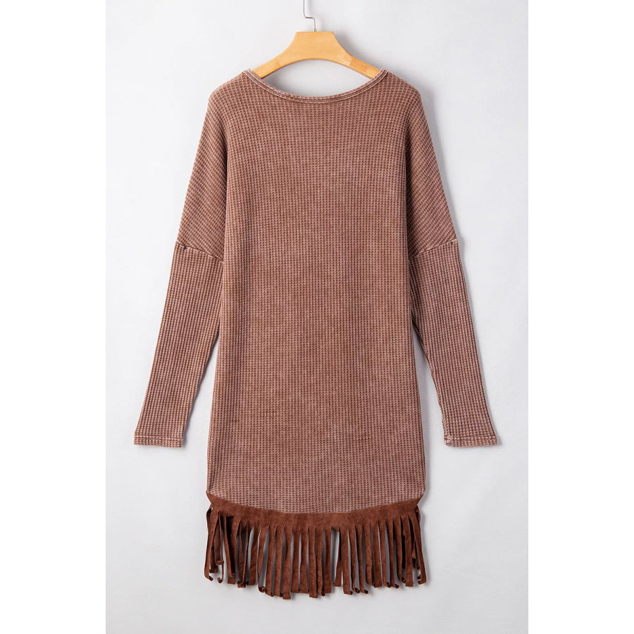 Waffle Knit Fringed High Low Loose Top Apparel and Accessories