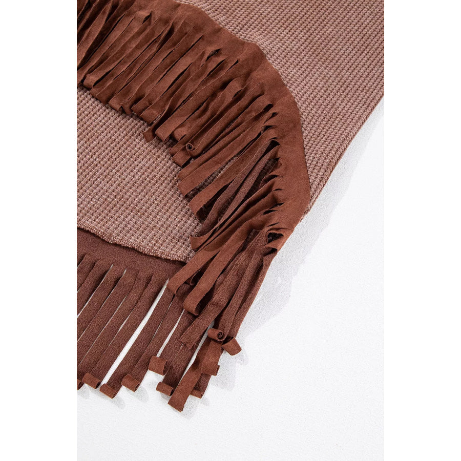 Waffle Knit Fringed High Low Loose Top Apparel and Accessories