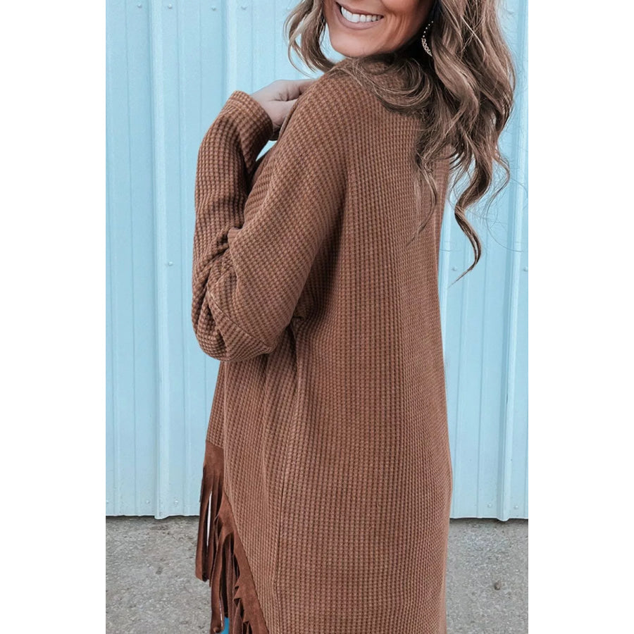 Waffle Knit Fringed High Low Loose Top Apparel and Accessories