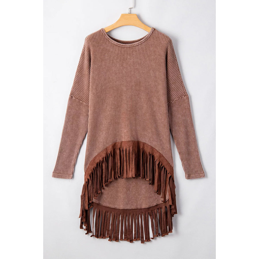 Waffle Knit Fringed High Low Loose Top Apparel and Accessories