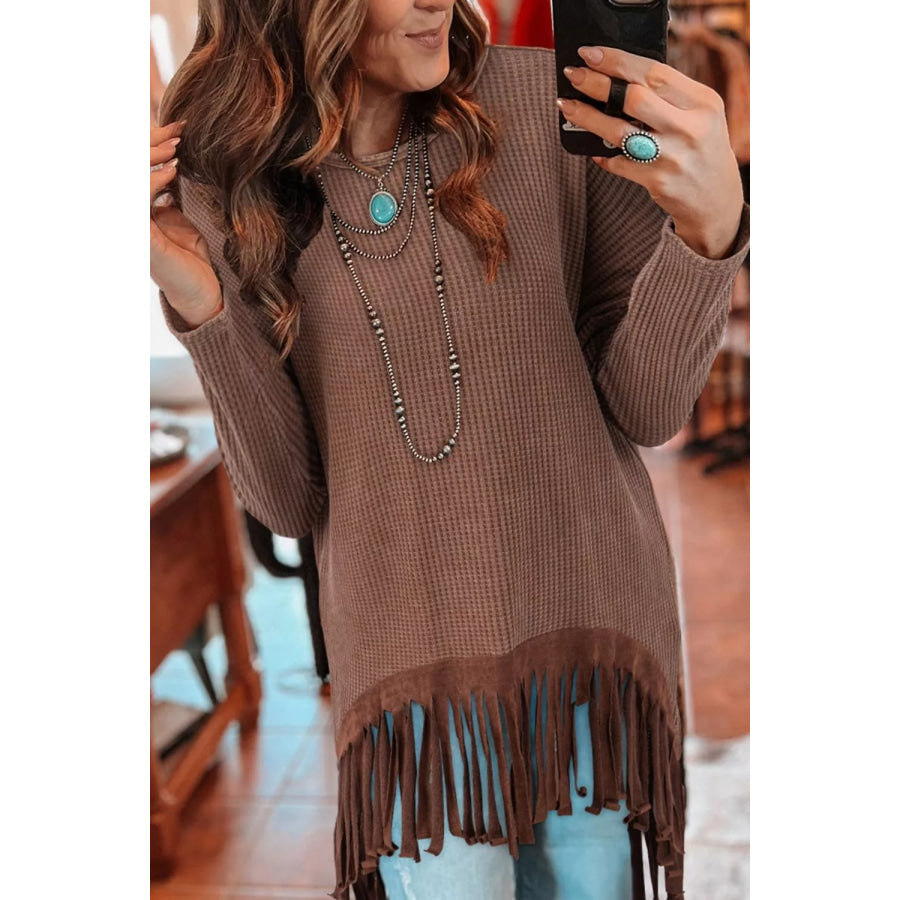 Waffle Knit Fringed High Low Loose Top Brown / S Apparel and Accessories