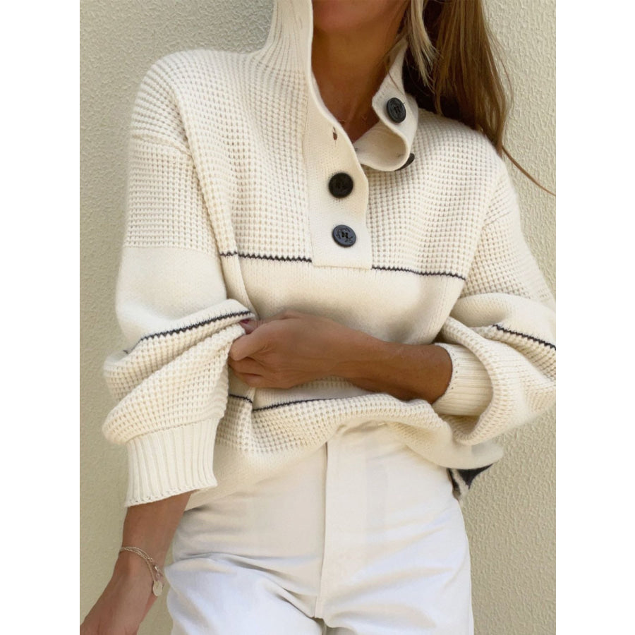 Waffle-Knit Half Button Long Sleeve Sweater Cream / S Apparel and Accessories