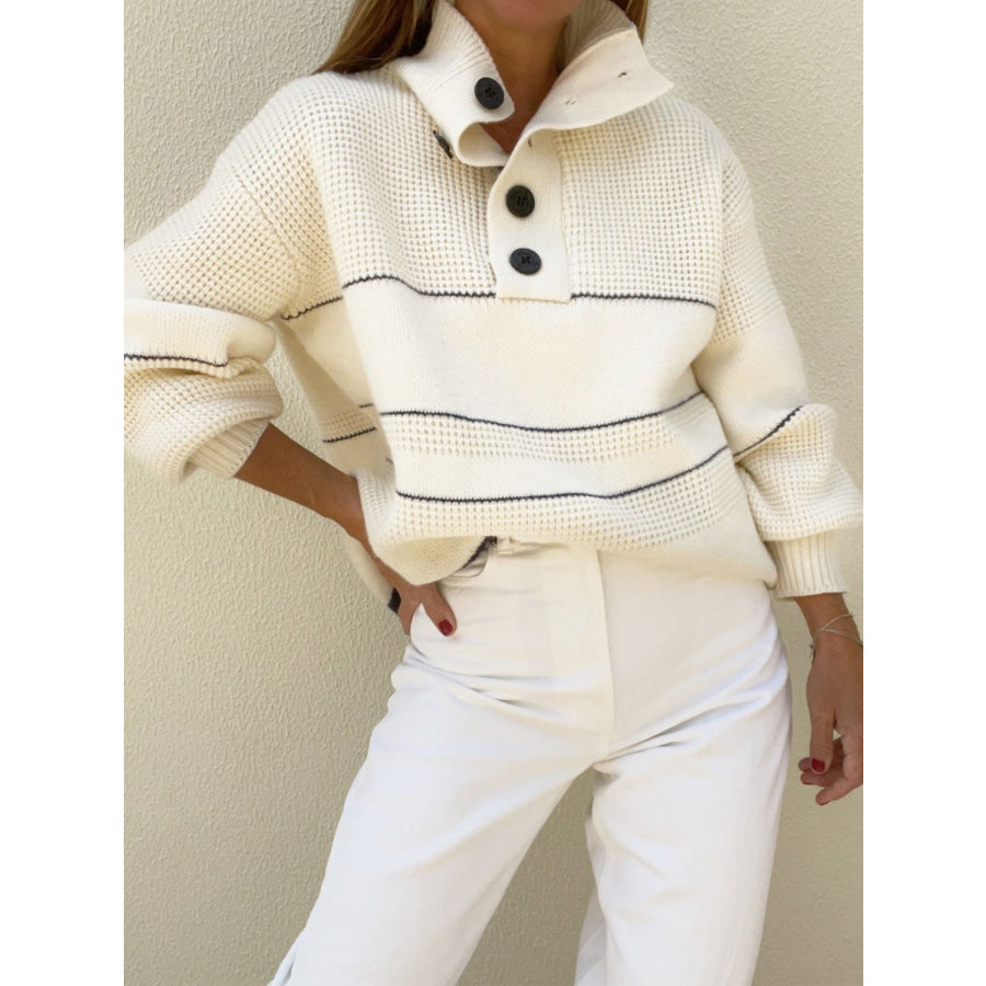 Waffle-Knit Half Button Long Sleeve Sweater Apparel and Accessories