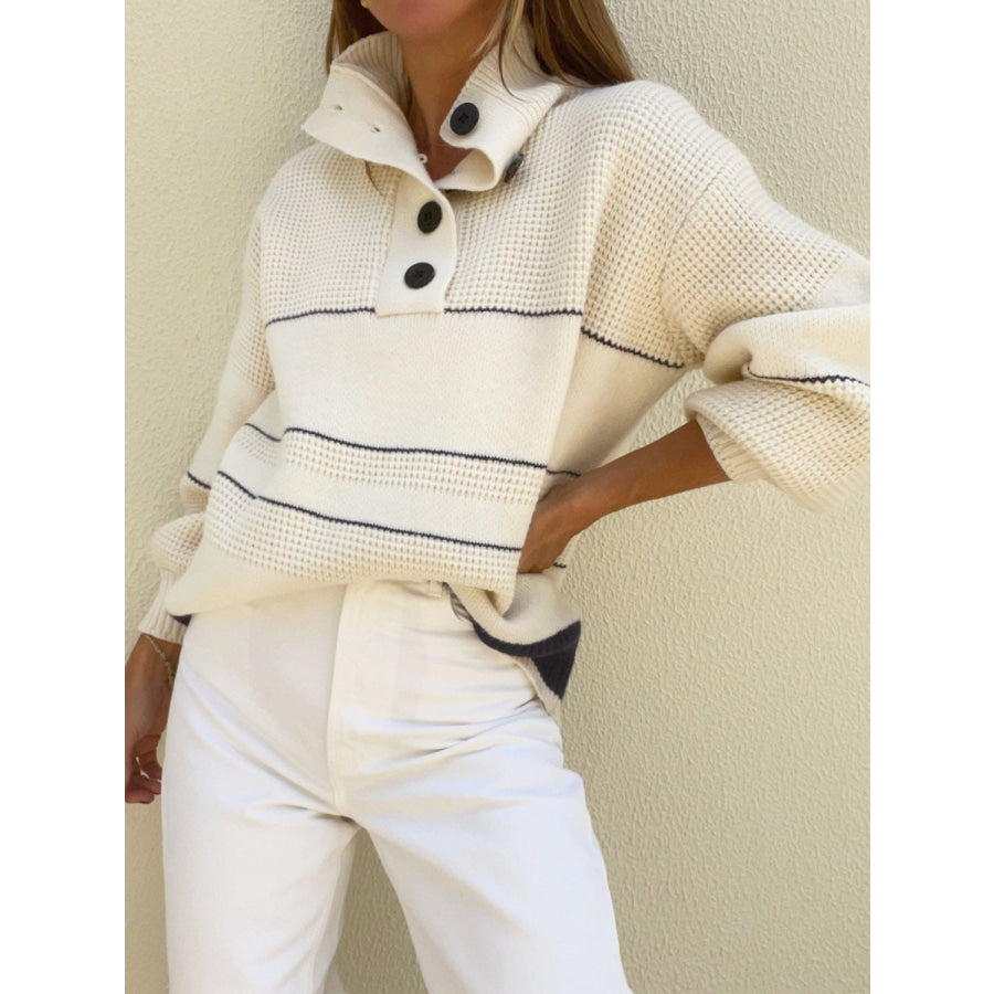 Waffle-Knit Half Button Long Sleeve Sweater Apparel and Accessories