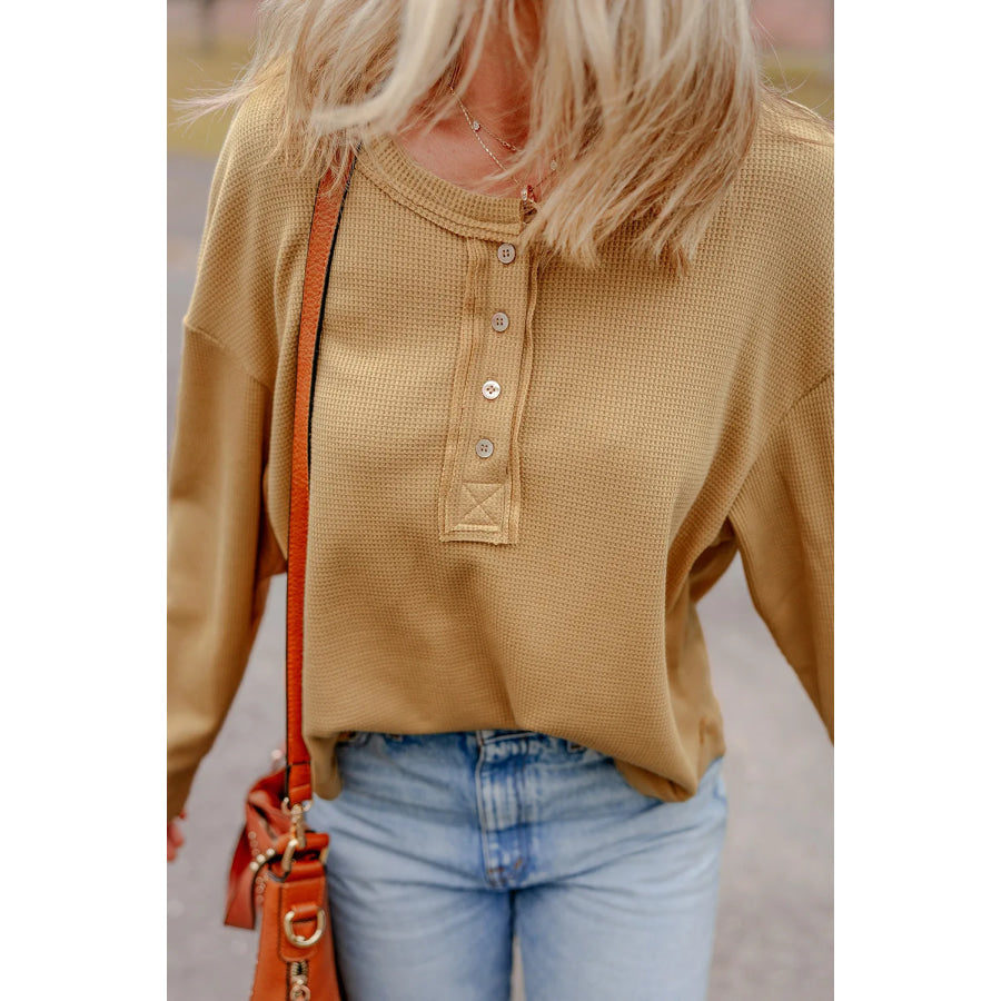 Waffle-Knit Half Button Round Neck Long Sleeve Top Apparel and Accessories