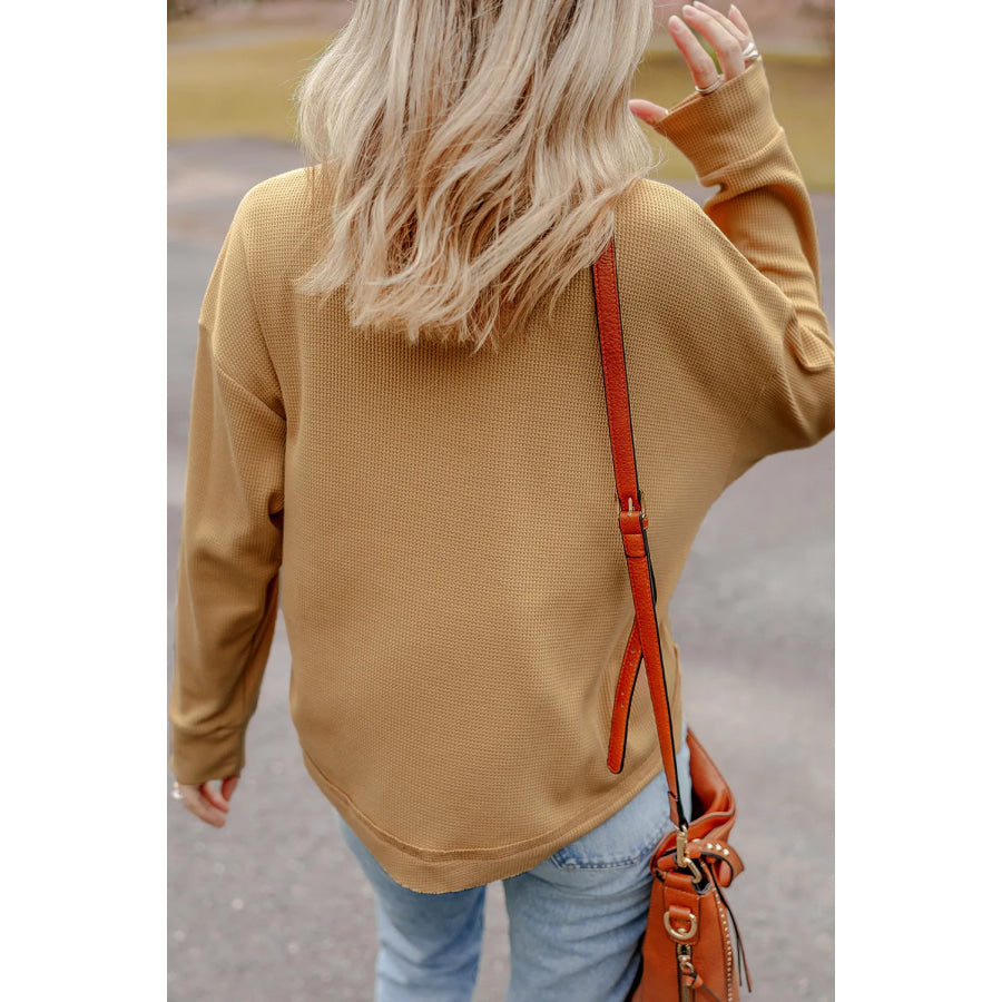 Waffle-Knit Half Button Round Neck Long Sleeve Top Apparel and Accessories