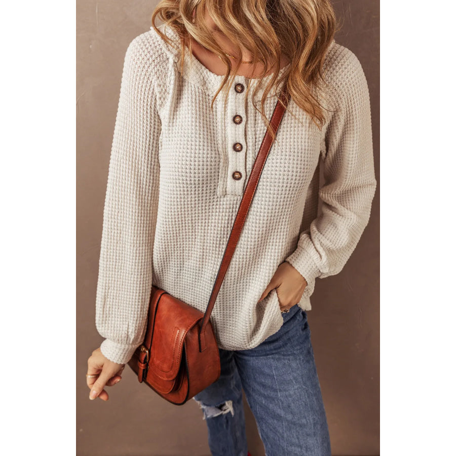 Waffle-Knit Half Button Round Neck Long Sleeve Top Apparel and Accessories