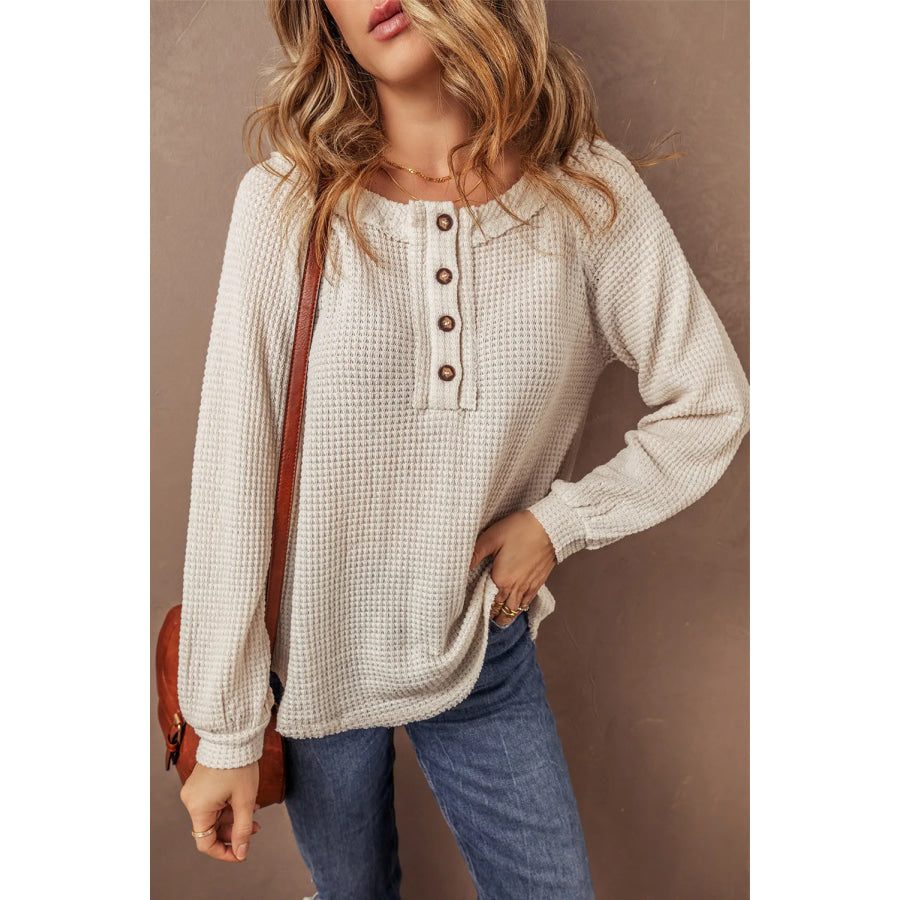 Waffle-Knit Half Button Round Neck Long Sleeve Top Apparel and Accessories