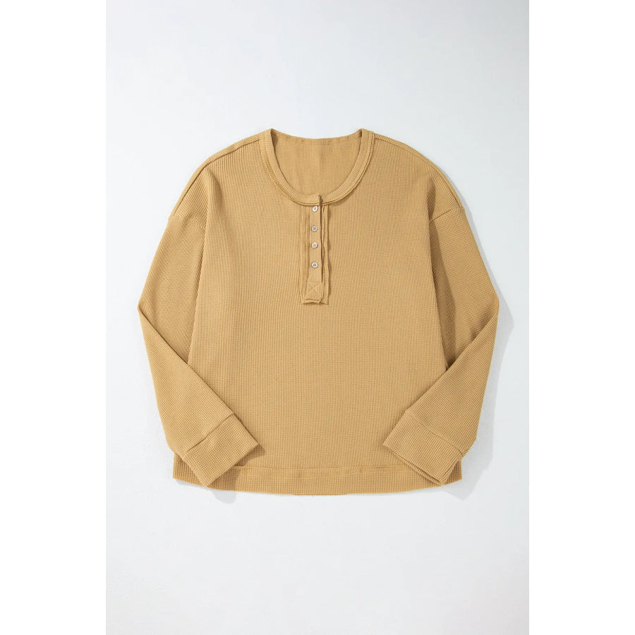 Waffle-Knit Half Button Round Neck Long Sleeve Top Apparel and Accessories