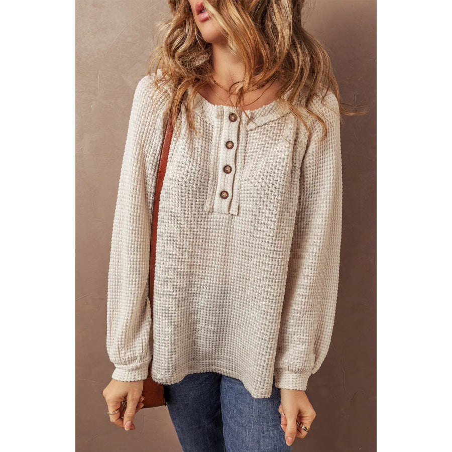 Waffle-Knit Half Button Round Neck Long Sleeve Top Apparel and Accessories