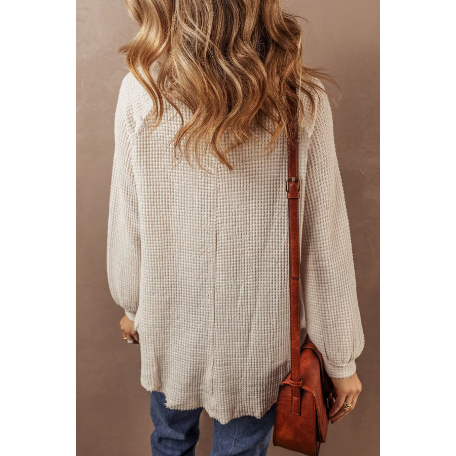 Waffle-Knit Half Button Round Neck Long Sleeve Top Apparel and Accessories