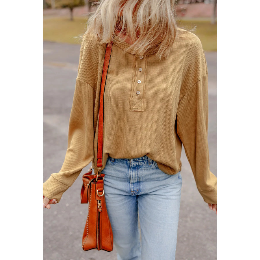 Waffle-Knit Half Button Round Neck Long Sleeve Top Apparel and Accessories