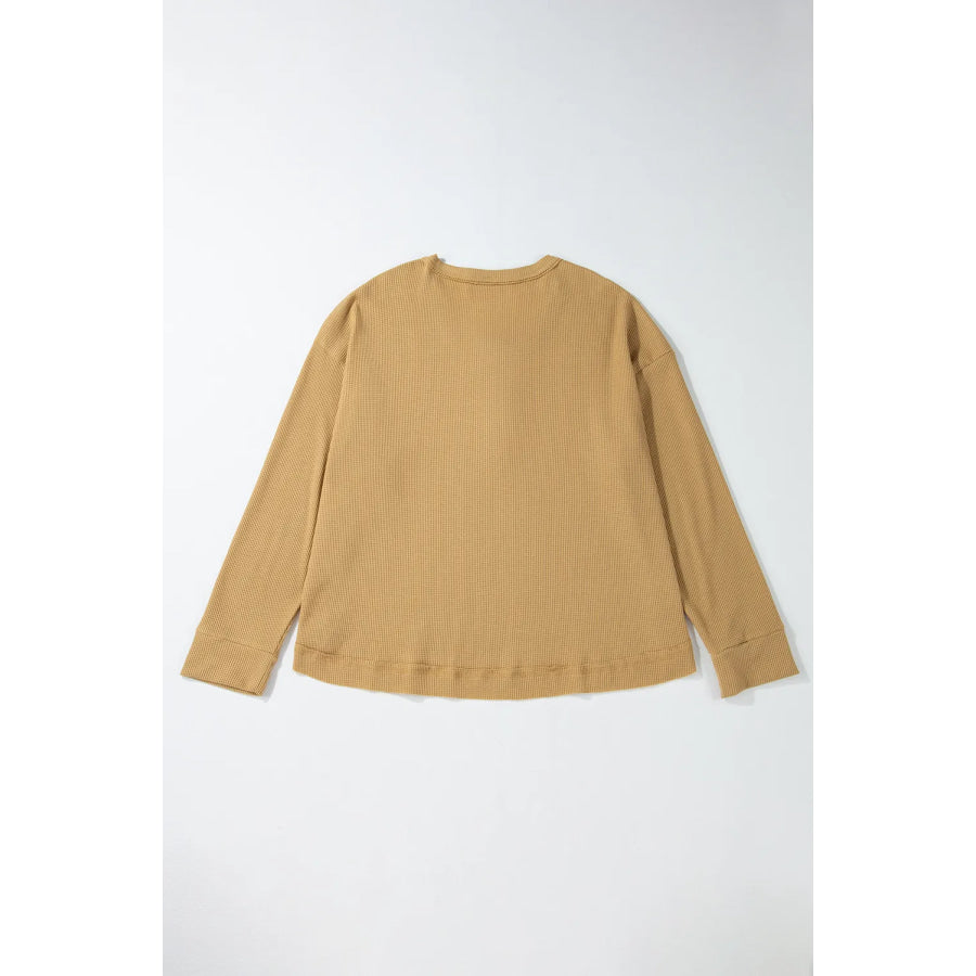 Waffle-Knit Half Button Round Neck Long Sleeve Top Apparel and Accessories