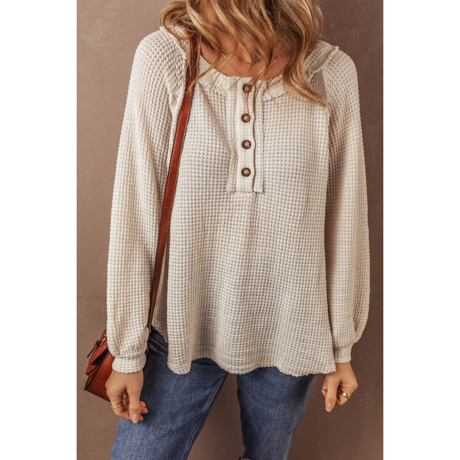 Waffle-Knit Half Button Round Neck Long Sleeve Top Beige / S Apparel and Accessories