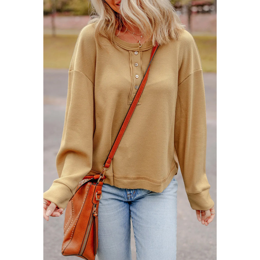 Waffle-Knit Half Button Round Neck Long Sleeve Top Tan / S Apparel and Accessories