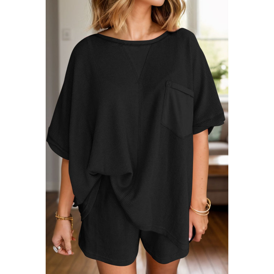 Waffle-Knit Half Sleeve Top and Shorts Set Black / S Apparel and Accessories