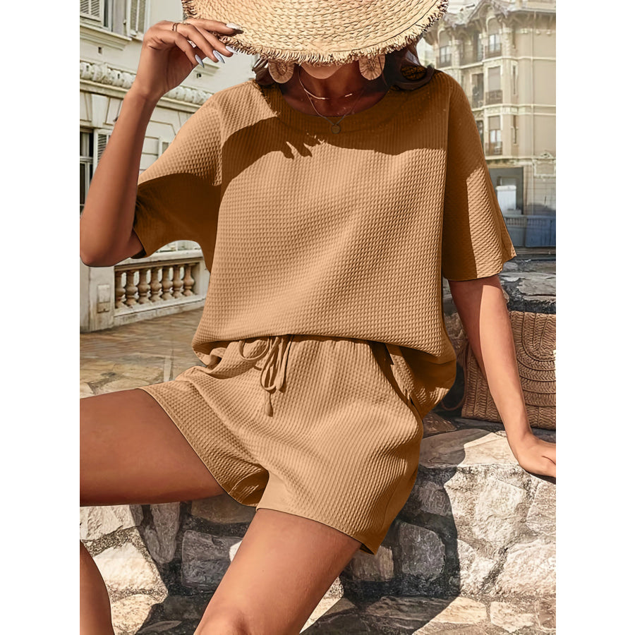 Waffle - Knit Half Sleeve Top and Shorts Set Tan / S Apparel Accessories